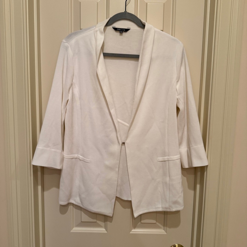 Misook Knit Blazer Women PXL White 3/4 Sleeve Hook Eye Closure Cardigan Jacket